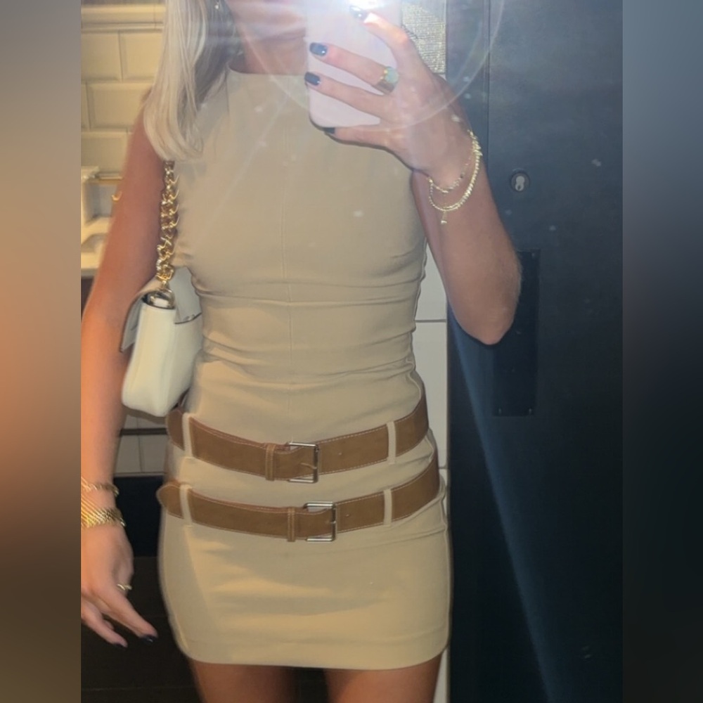 Zara Beige Mini Dress with Brown Belt Accents